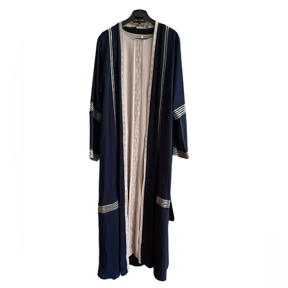 Navy blue and Beige Long Robe with Embroidered Details